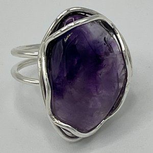 Organic Amethyst Stone Ring | Adjustable Size | Silver Wrap | NWT